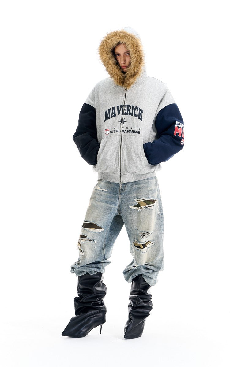 Colorblock Fleece Collar Print Jacket