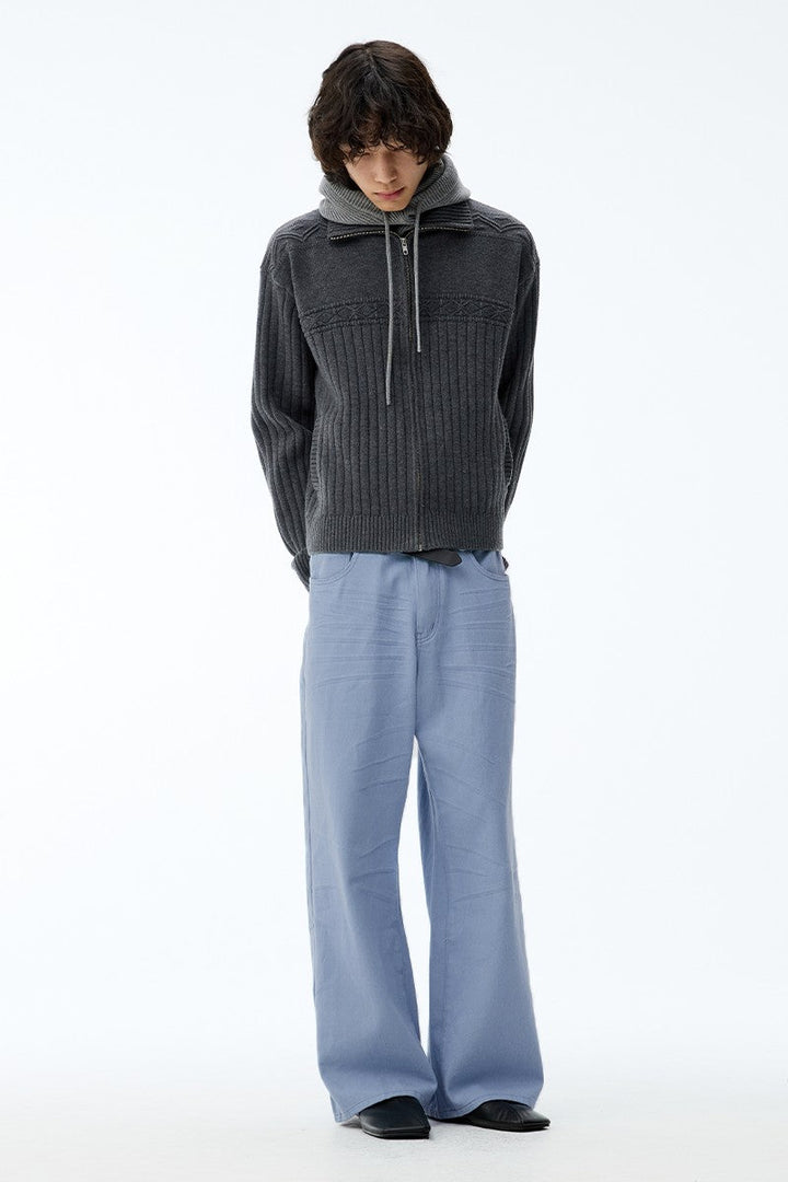 Washed Pleated Straight Jeans