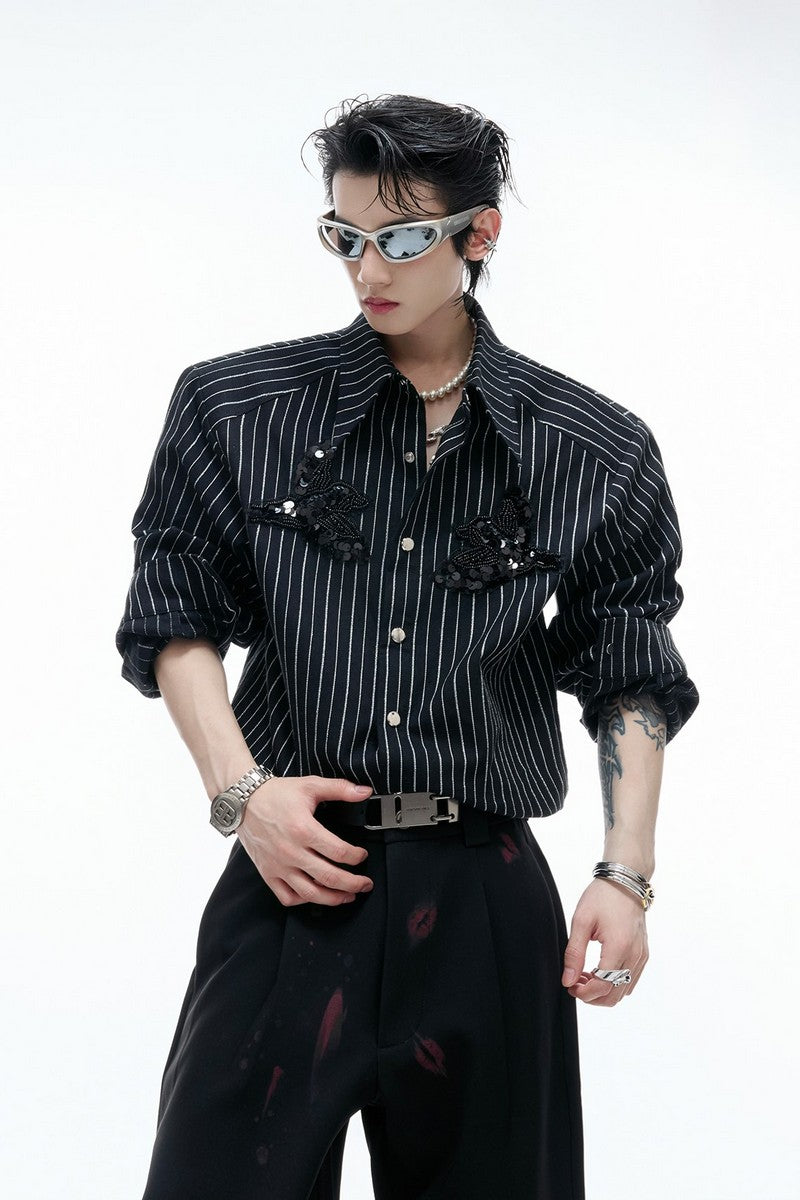 Striped Sequin Embroidered Linen Shirt