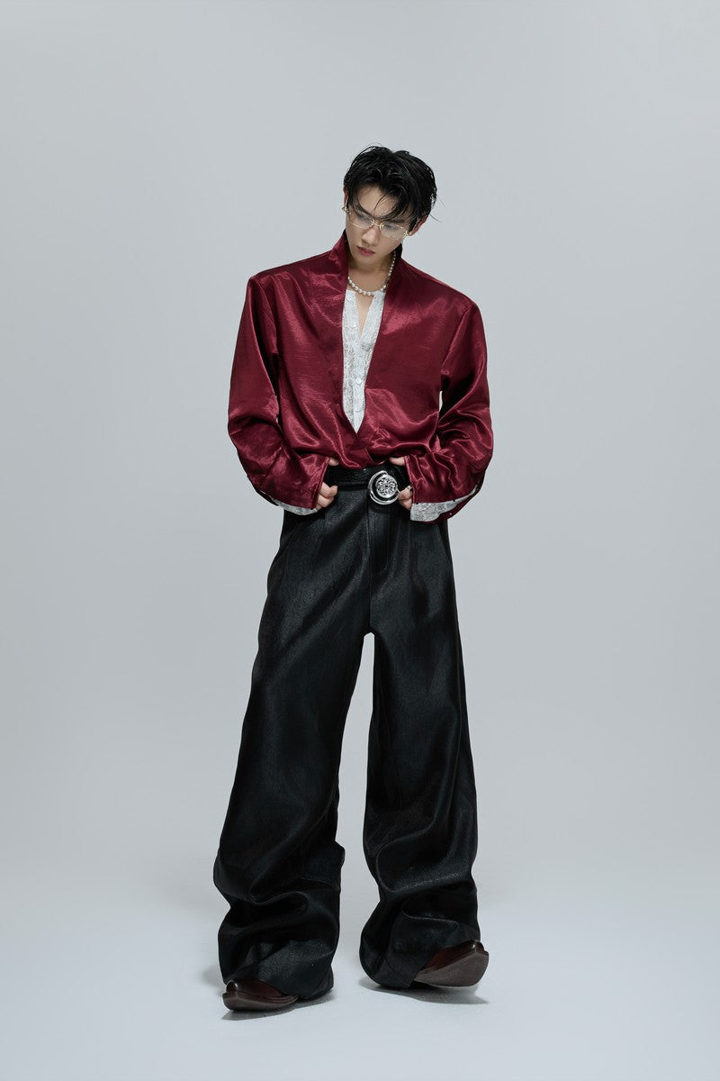 Lace V-Neck Layered Satin Blouse