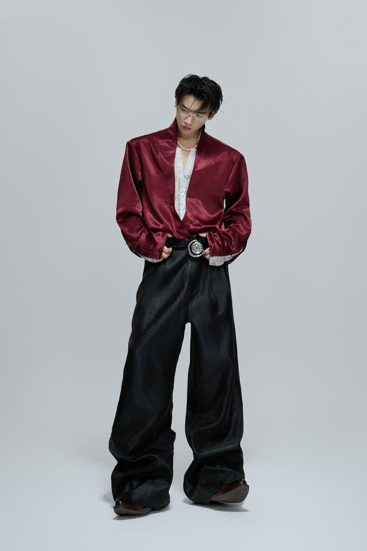 Lace V-Neck Layered Satin Blouse