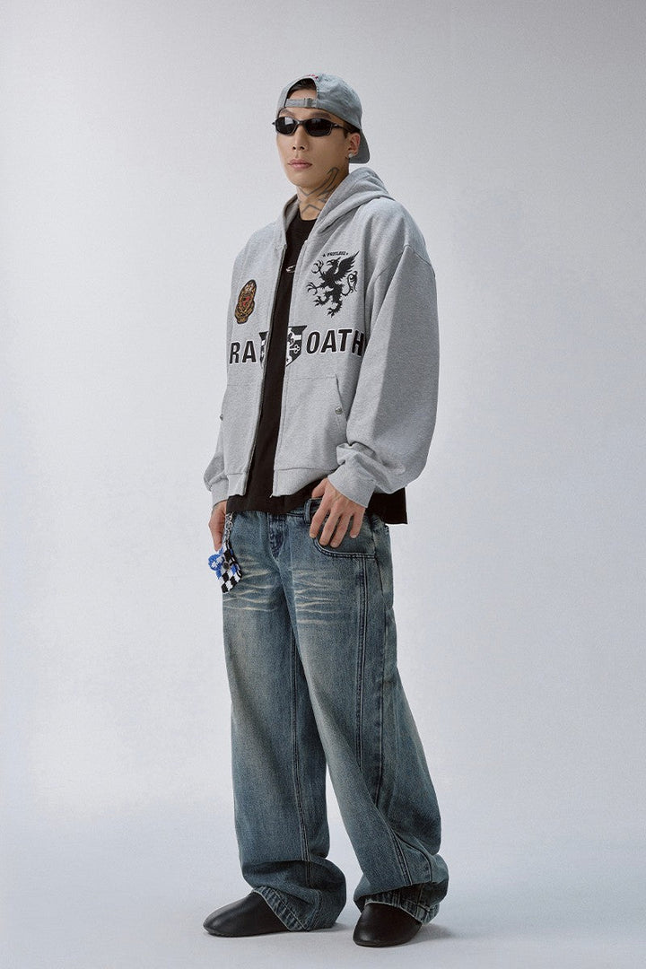 Embroidered Grey Zip Hoodie