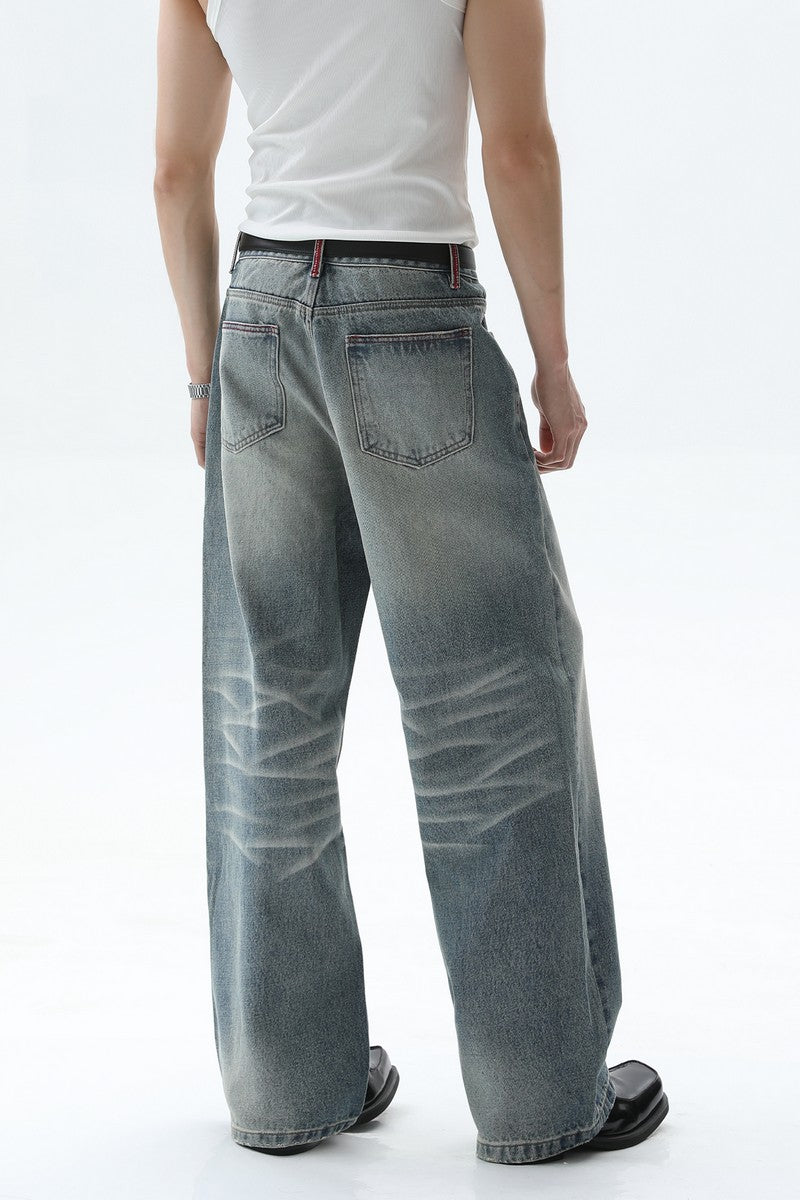 Faded Whisker Wash Wide Leg Jeans