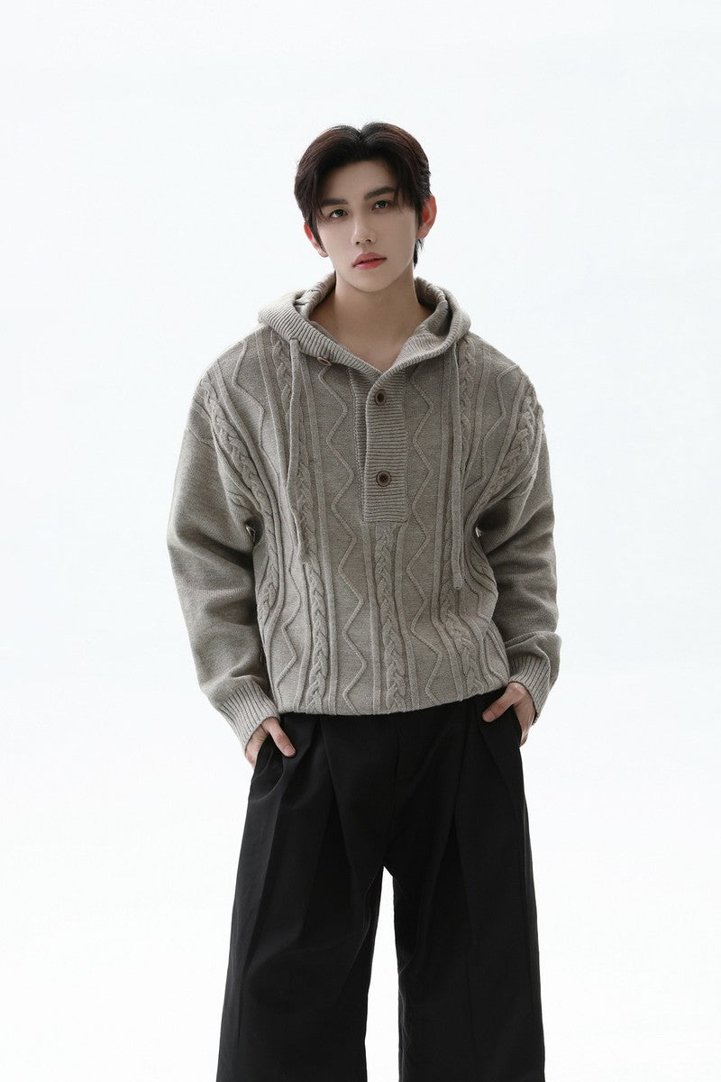 Cable Knit Drawstring Hooded Sweater