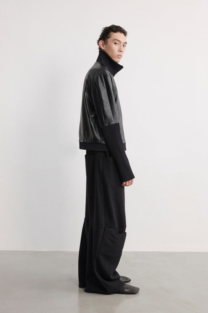 Ribbed Cuff Textured Leather Jacket