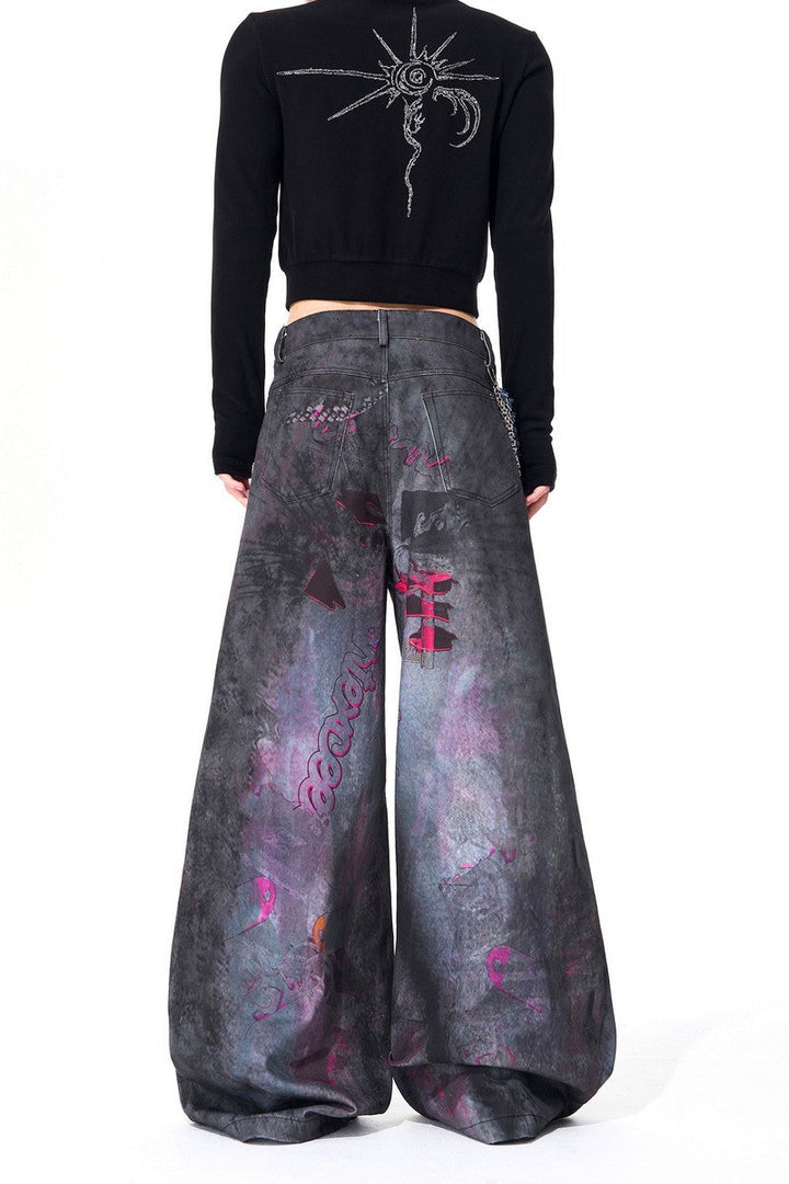 Mic Print Dirty Wash Jeans