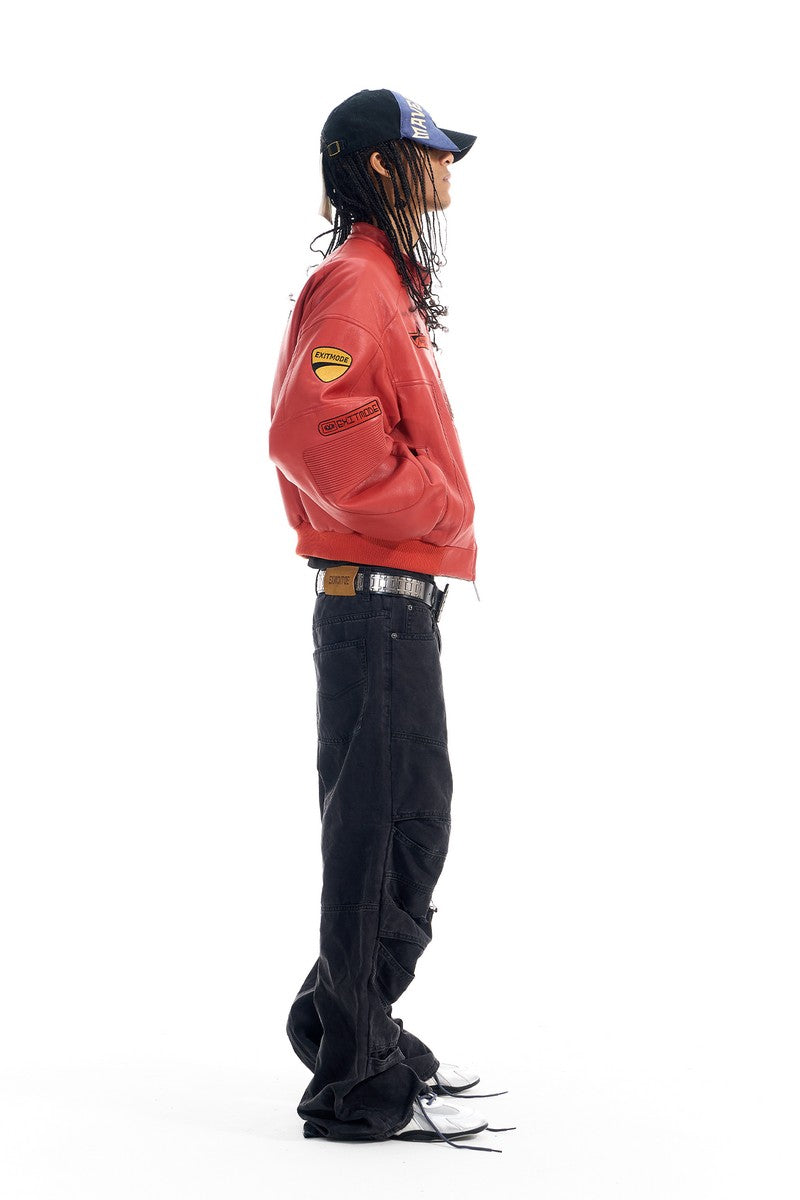 Embroidered Biker Faux Leather Jacket