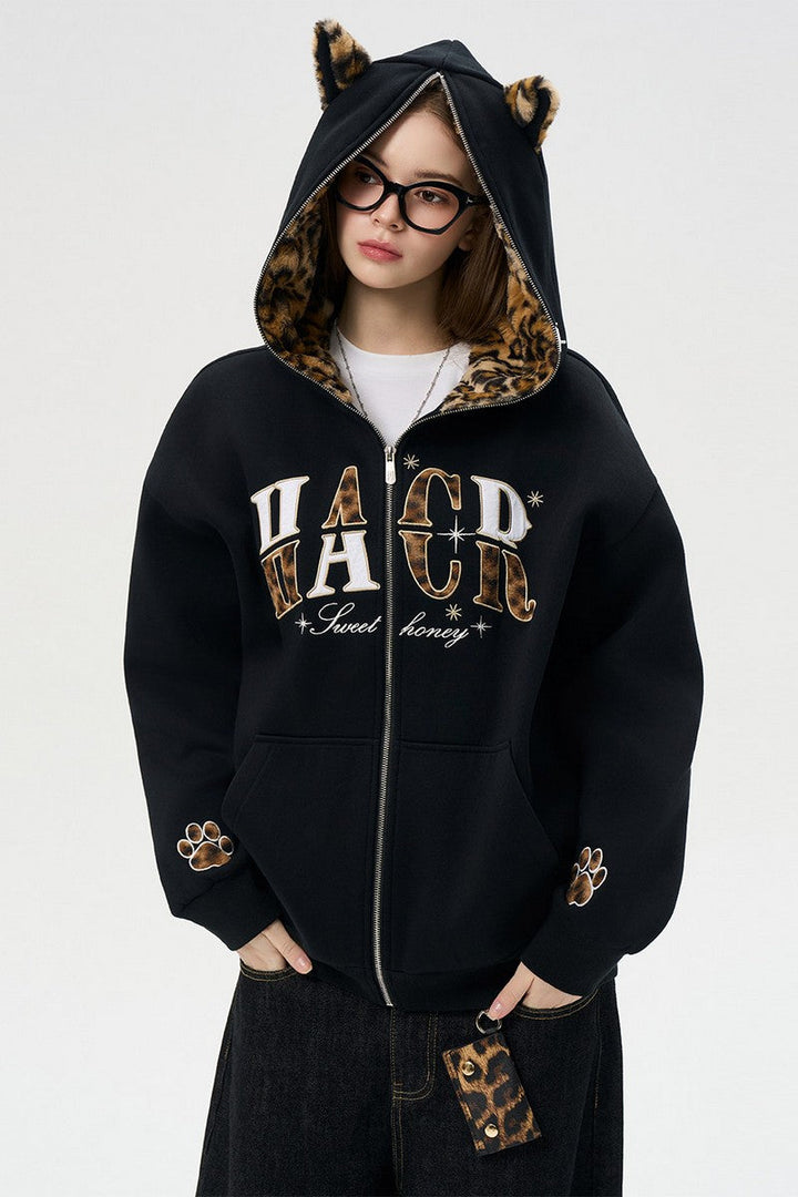 Leopard Cat Ear Zip Hoodie