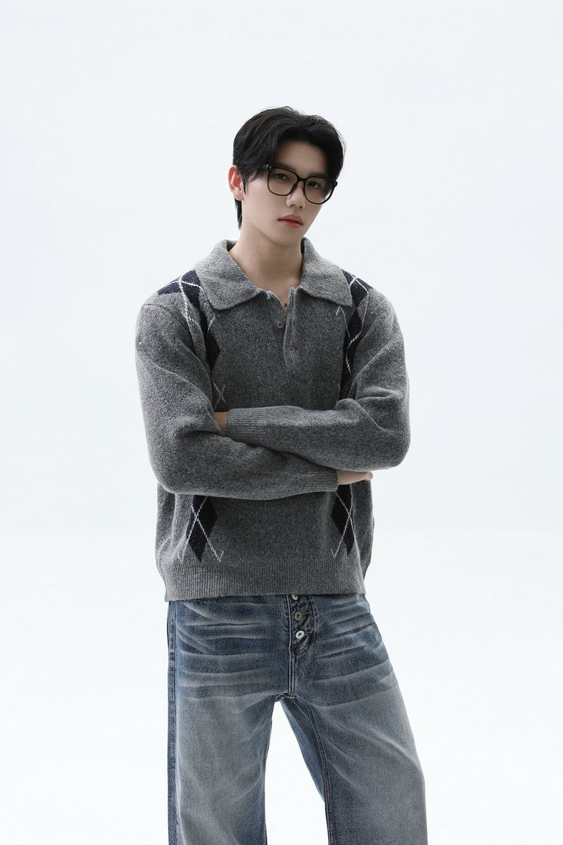 Argyle Contrast Polo Knit Sweater