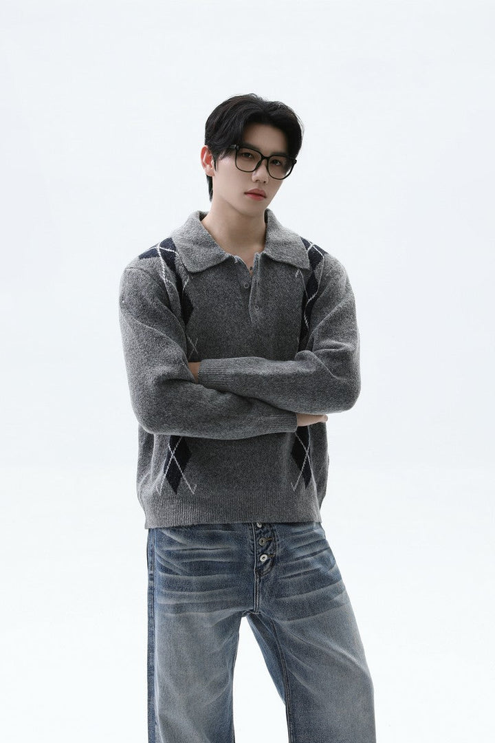 Argyle Contrast Polo Knit Sweater