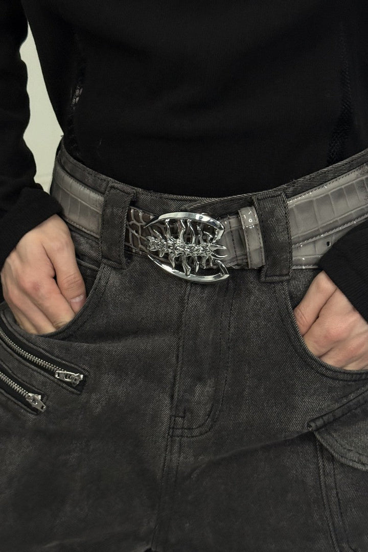 Metal Spine Buckle Leather Belt