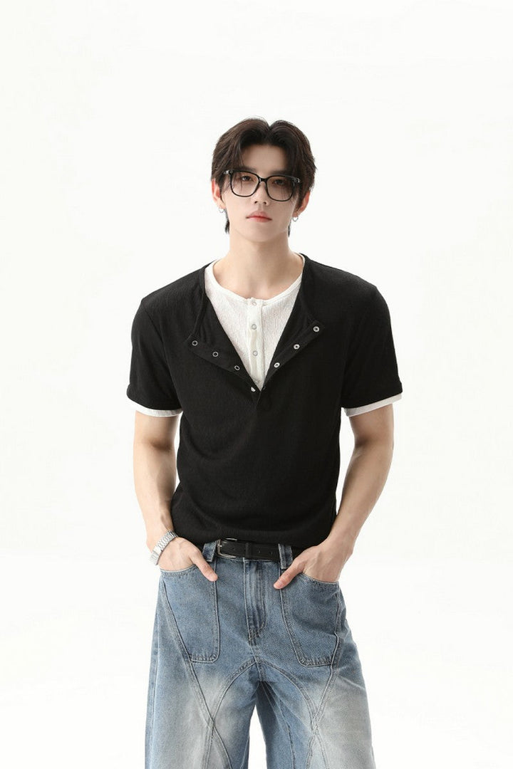 Textured Henley Layered Knit Tee