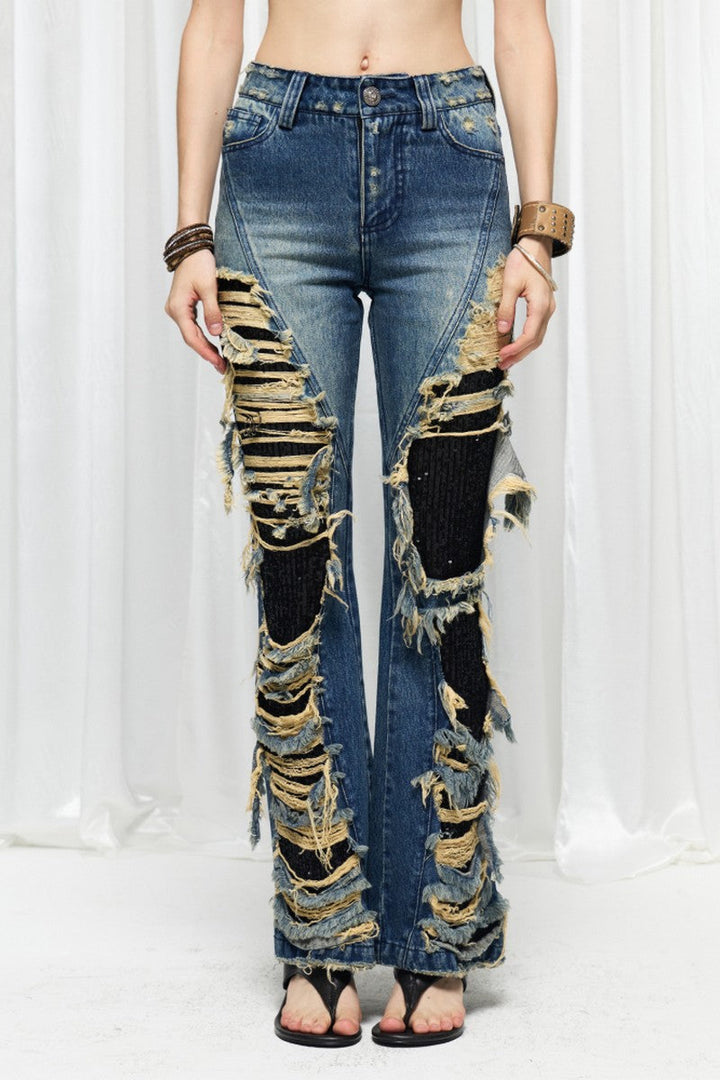 Distressed Sequin Flare Jeans