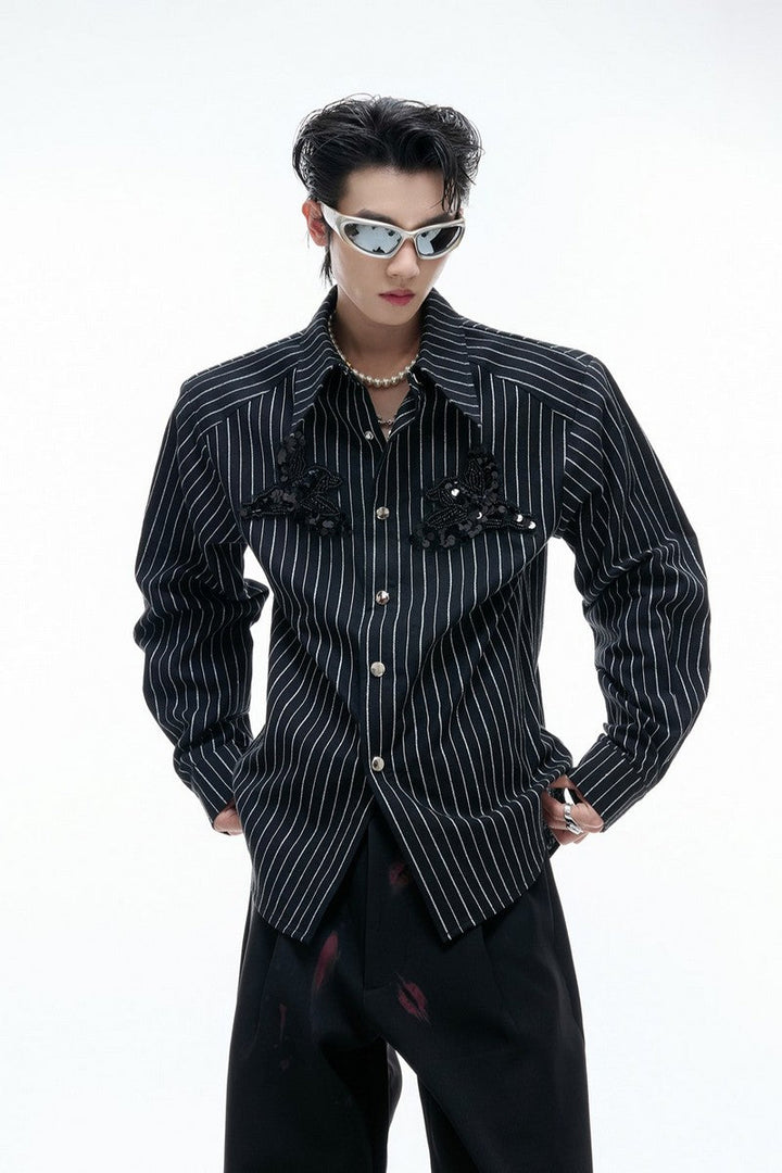 Striped Sequin Embroidered Linen Shirt