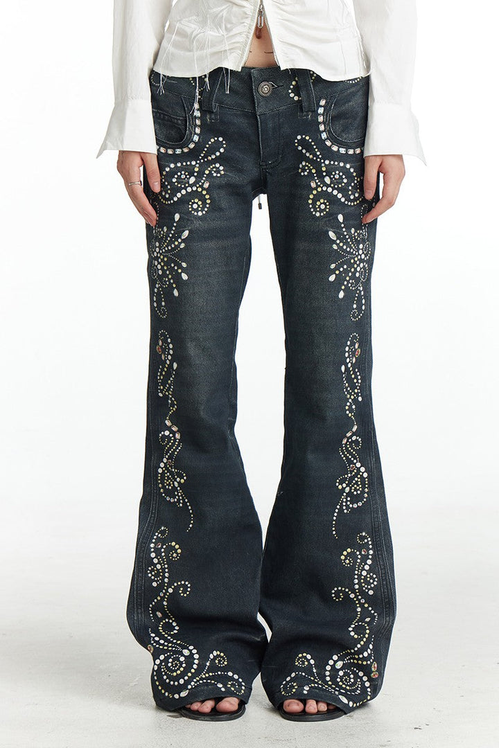 Vintage Gem Print Flared Jeans