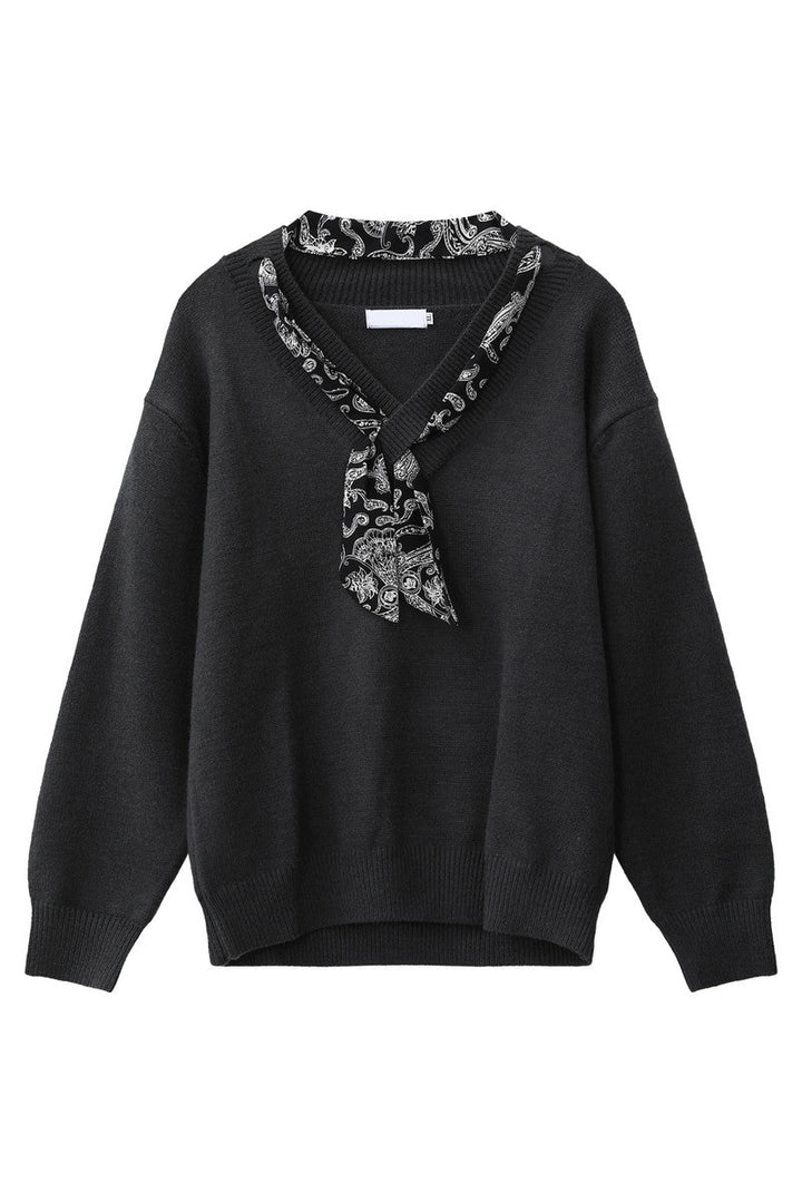 Scarf Detail V Neck Knit Sweater