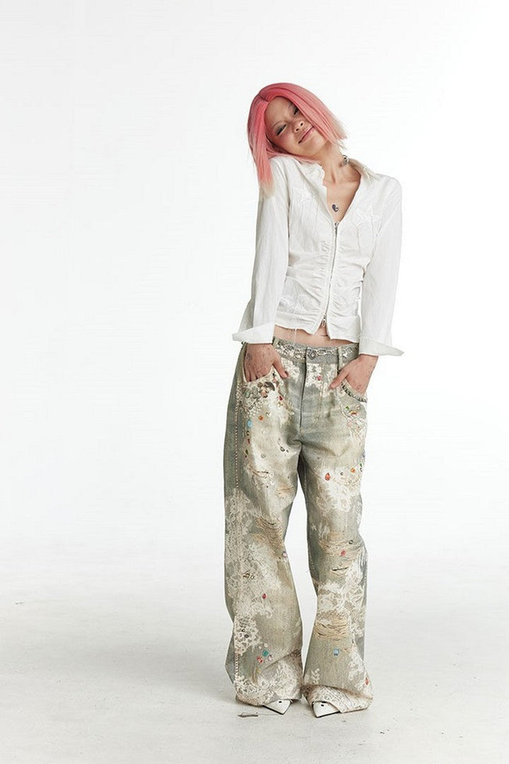 Vintage Graffiti Print Jeans