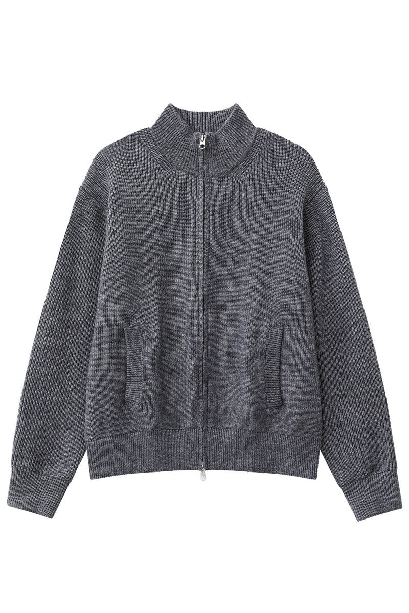 Wool Zip Up Stand Collar Cardigan