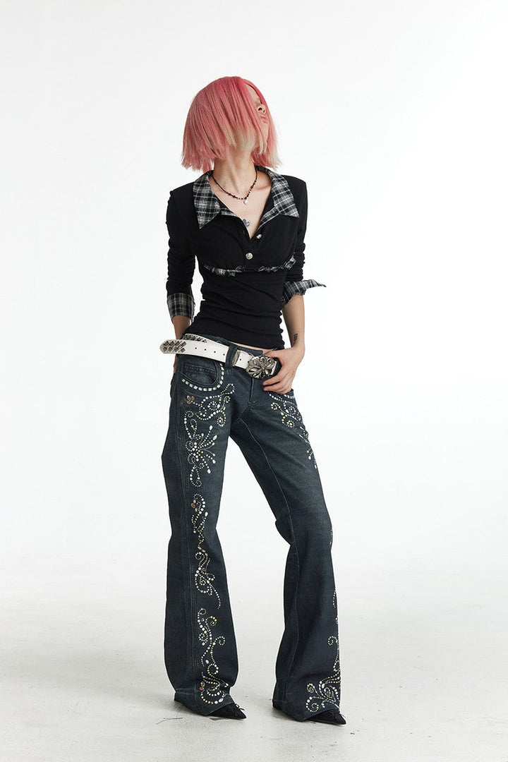 Vintage Gem Print Flared Jeans
