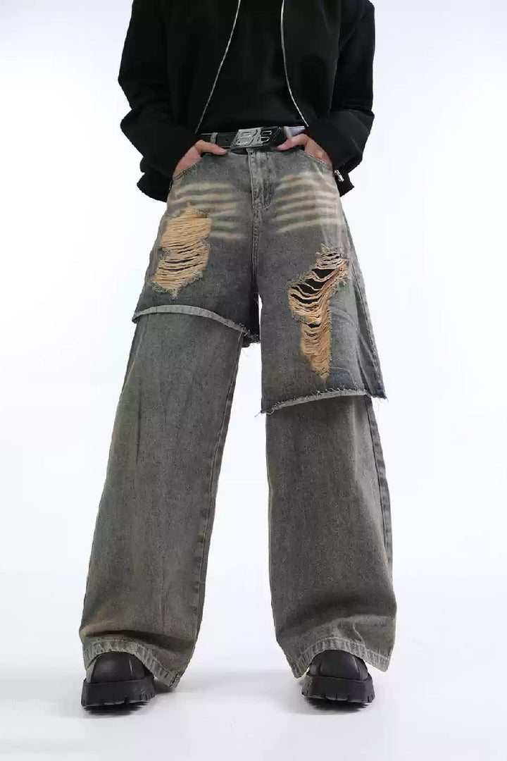 Double-Layer Ripped Jeans