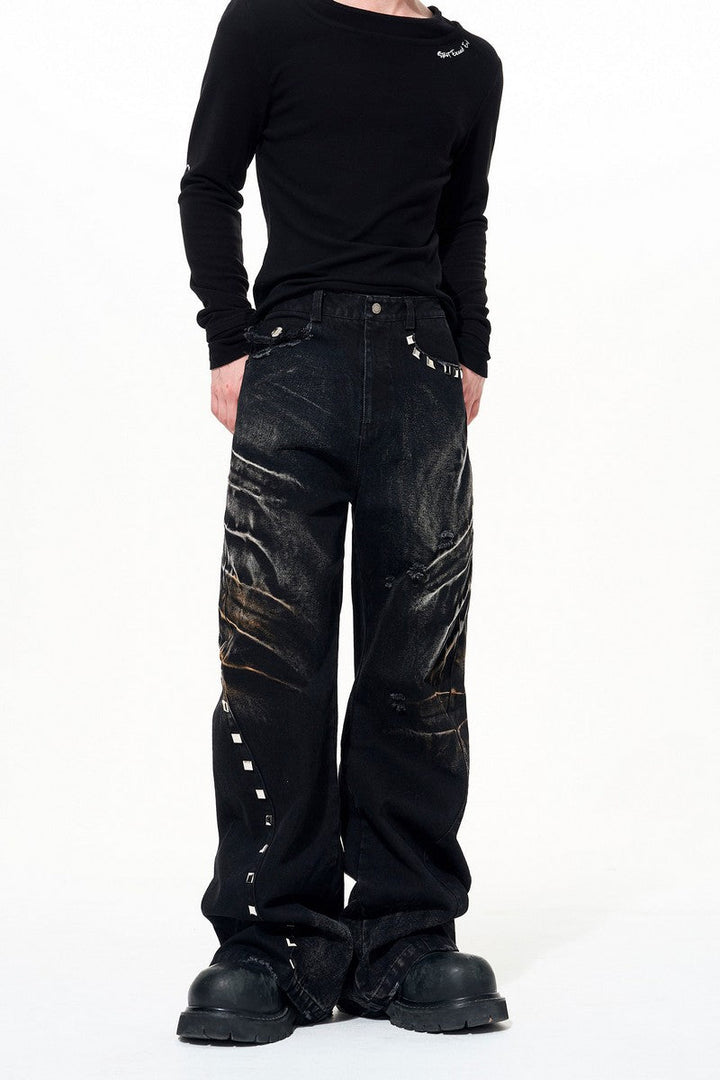 Washed Whisker Studded Wide Jeans