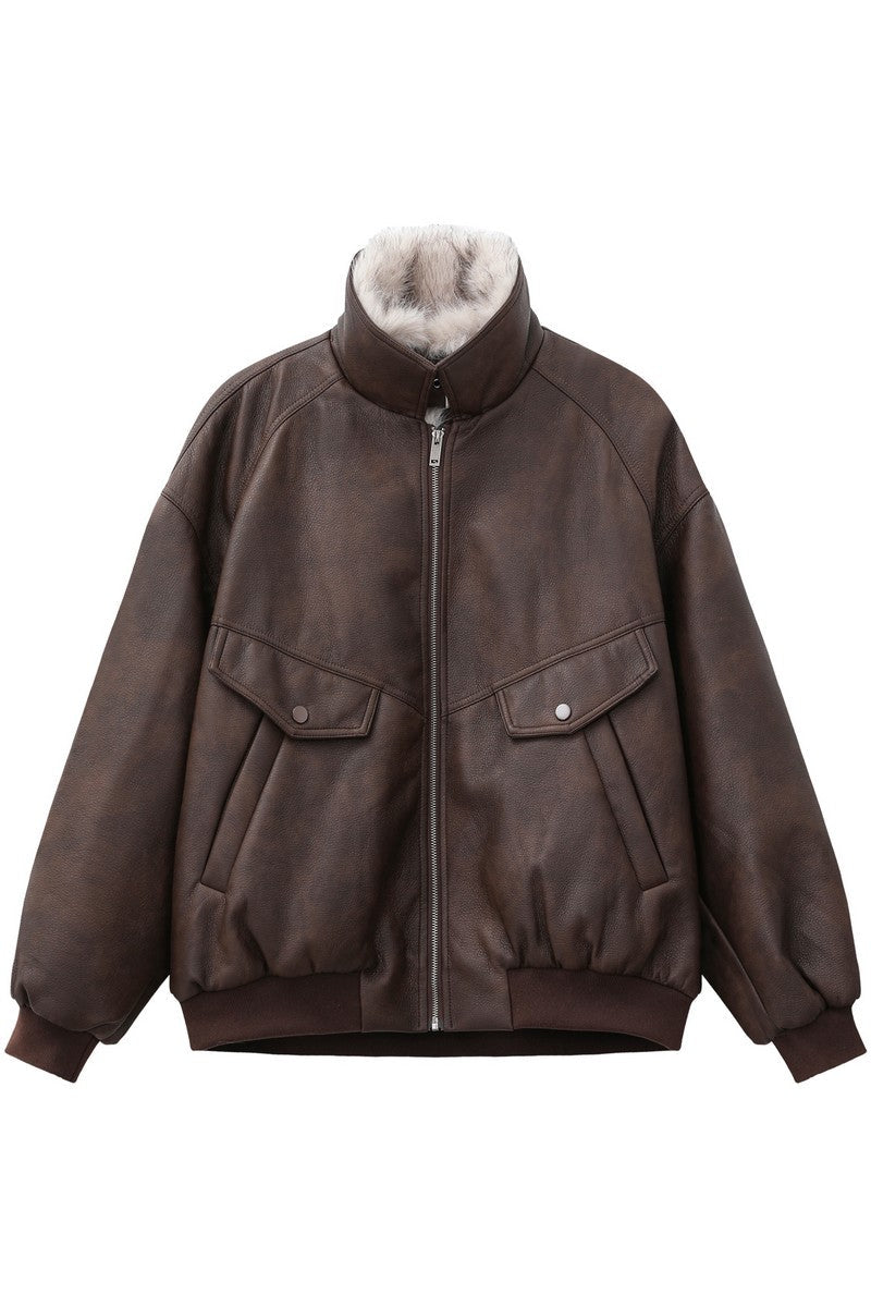 Faux Shearling Lined Leather Jacket