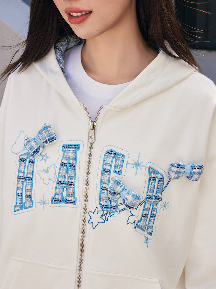 Embroidered Plaid Zip Hoodie