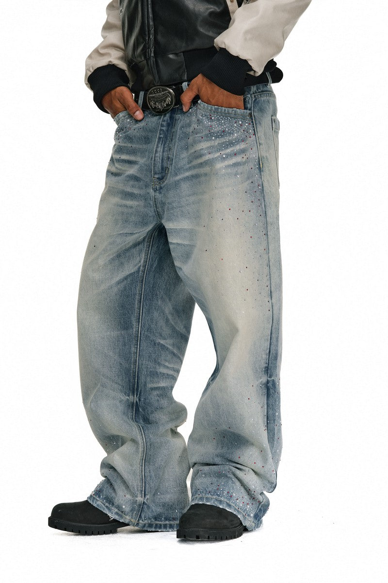 Washed Rhinestone Straight Jeans