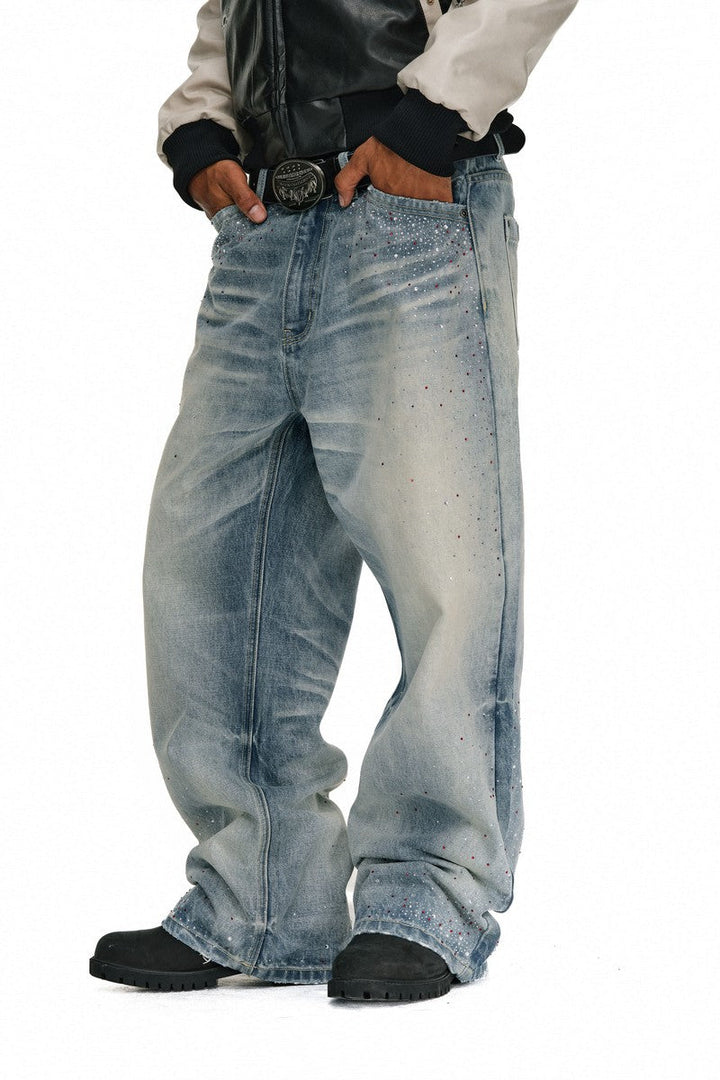Washed Rhinestone Straight Jeans