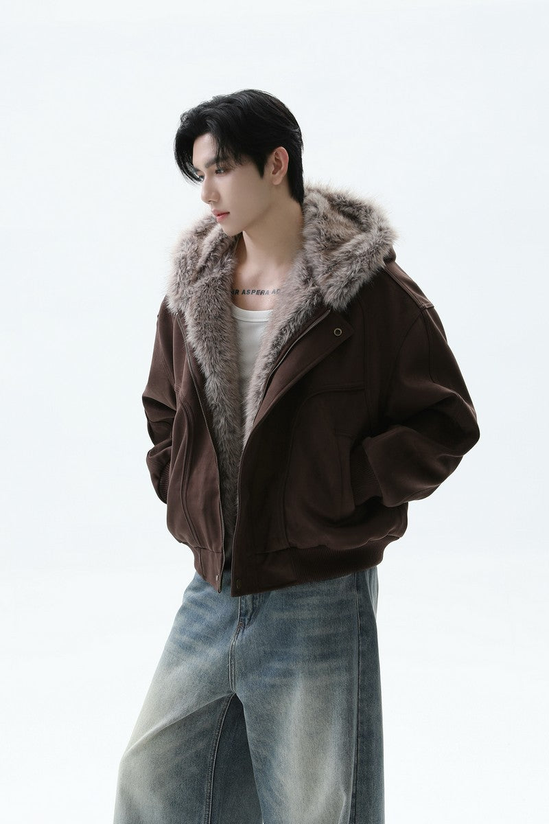 Fur Collar Hooded Bomber Jacket
