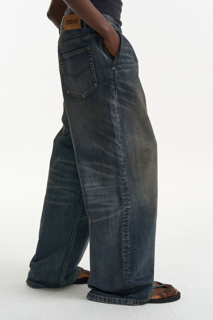 Pleated Washed Wide Leg Jeans