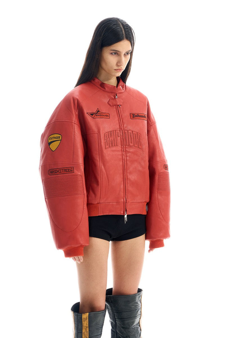Embroidered Biker Faux Leather Jacket