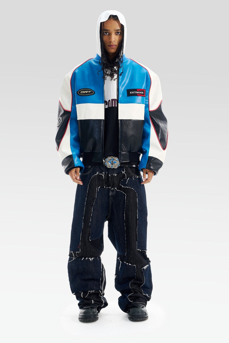 Colorblock Embroidered Faux Leather Jacket