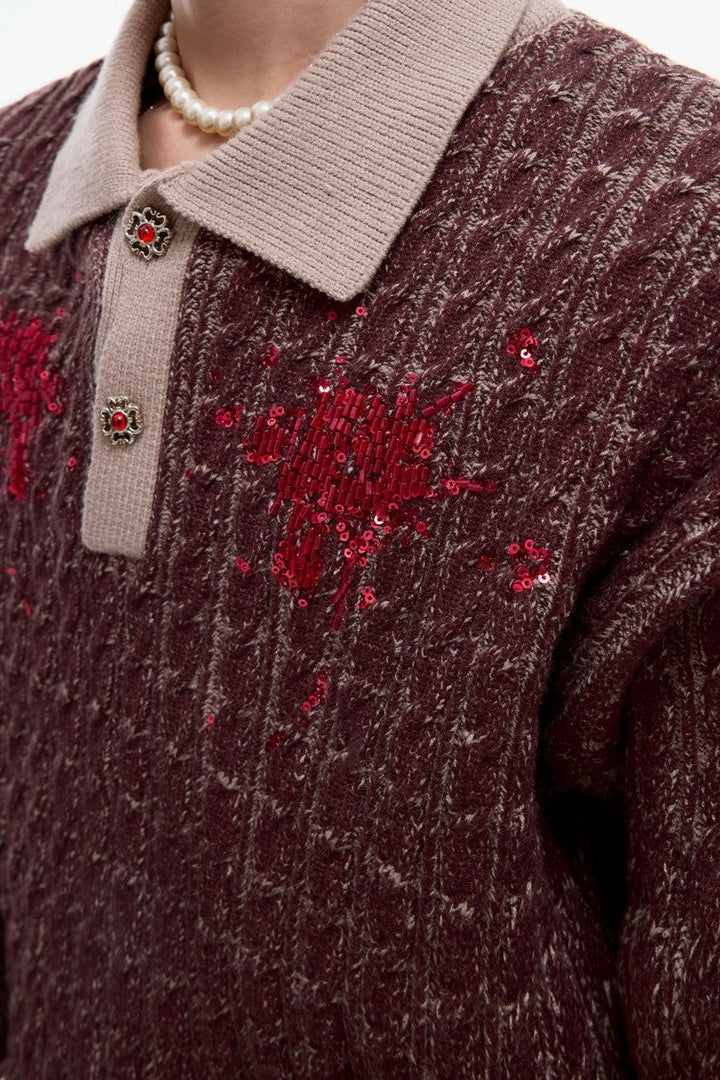 Sequin Collar Fitted Knit Sweater