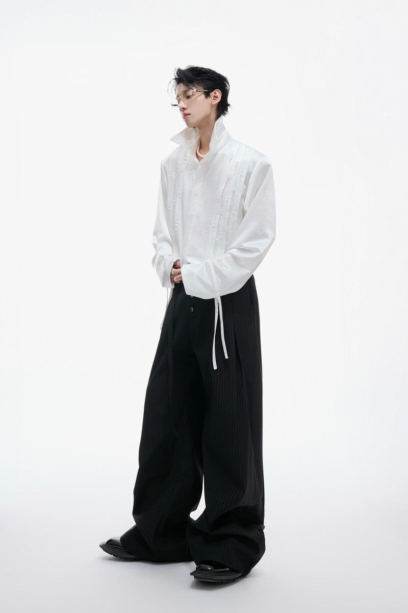 Metallic Tie Pearl Pleated Shirt