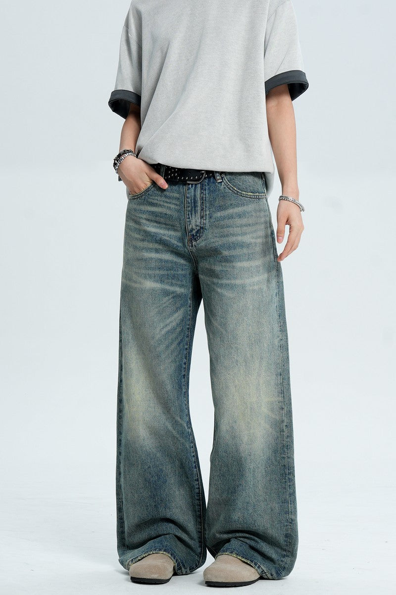 Whiskered Washed Loose Jeans