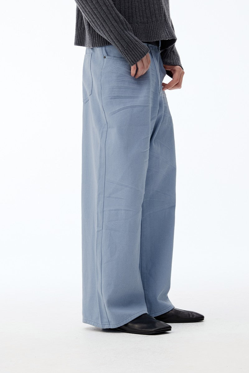 Washed Pleated Straight Jeans