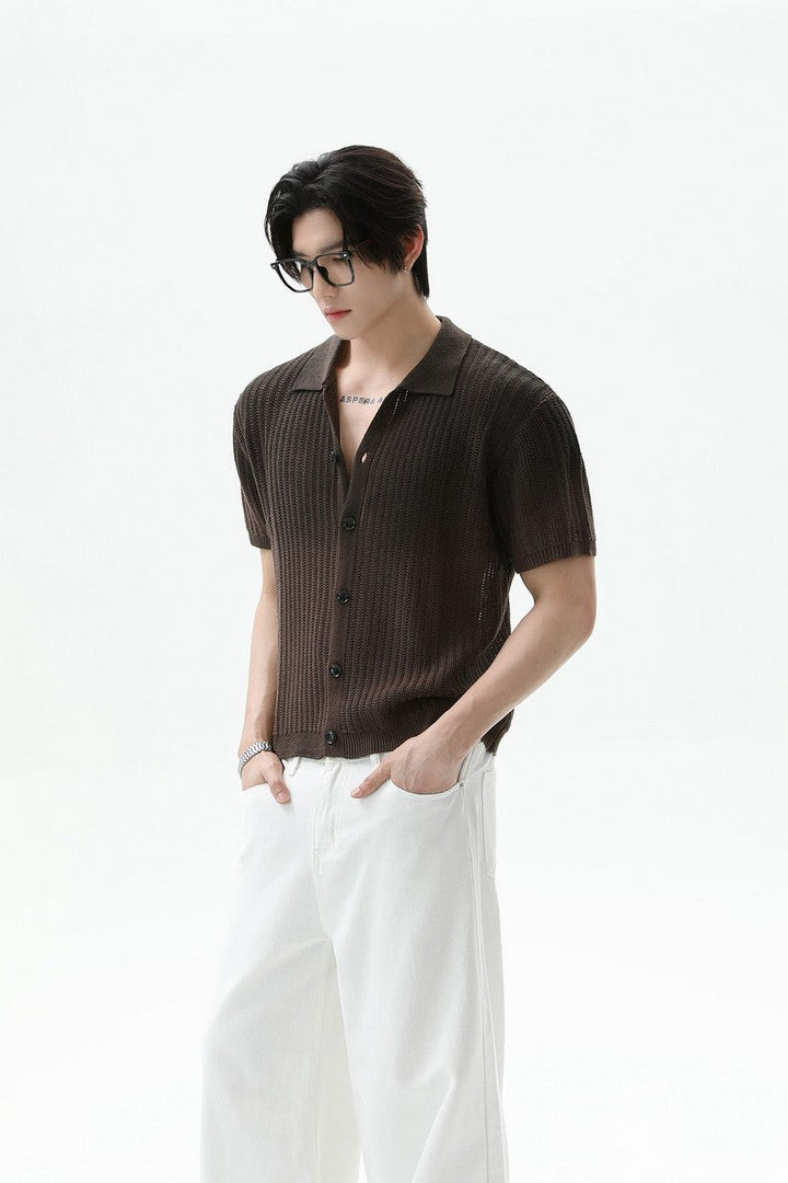 Ombre Wool Knit Polo Cardigan
