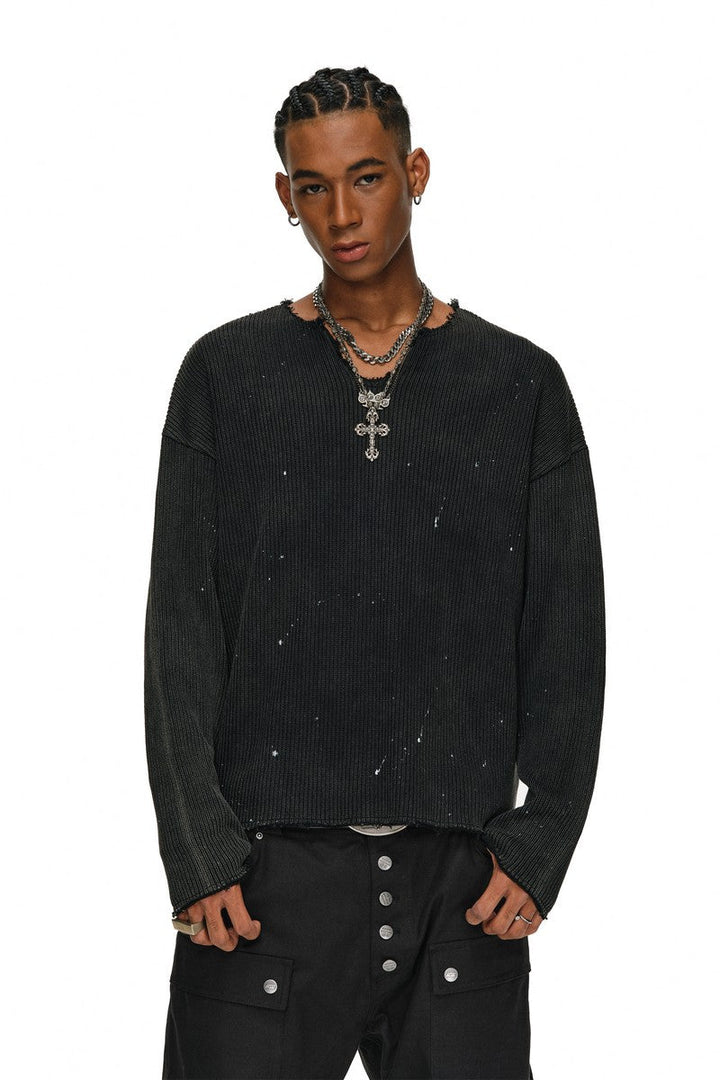 Distressed Paint V-Neck Sweater