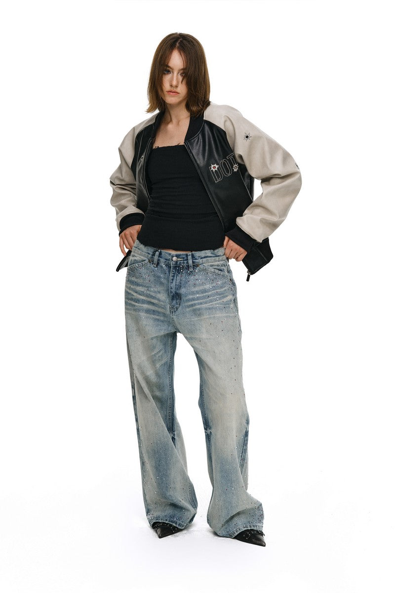 Washed Rhinestone Straight Jeans