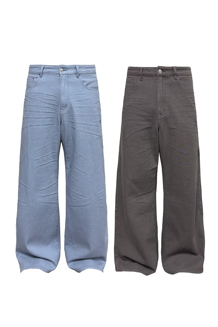 Washed Pleated Straight Jeans