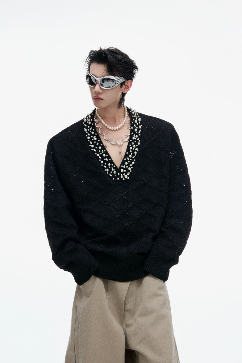 Rhinestone Diamond Knit V-Neck Sweater