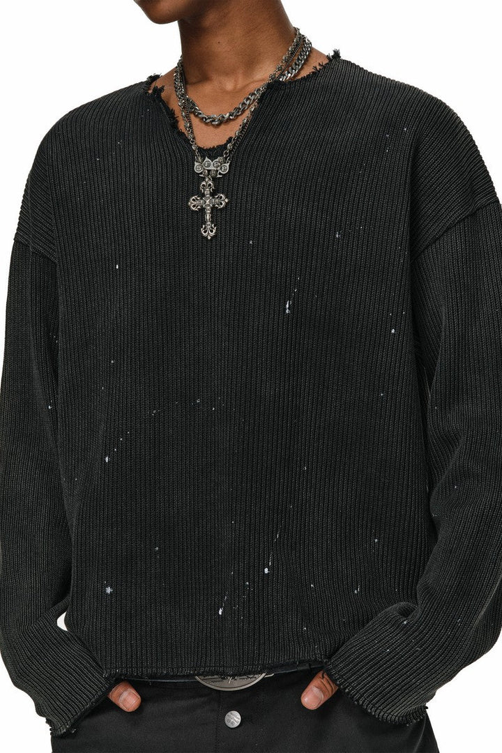 Distressed Paint V-Neck Sweater
