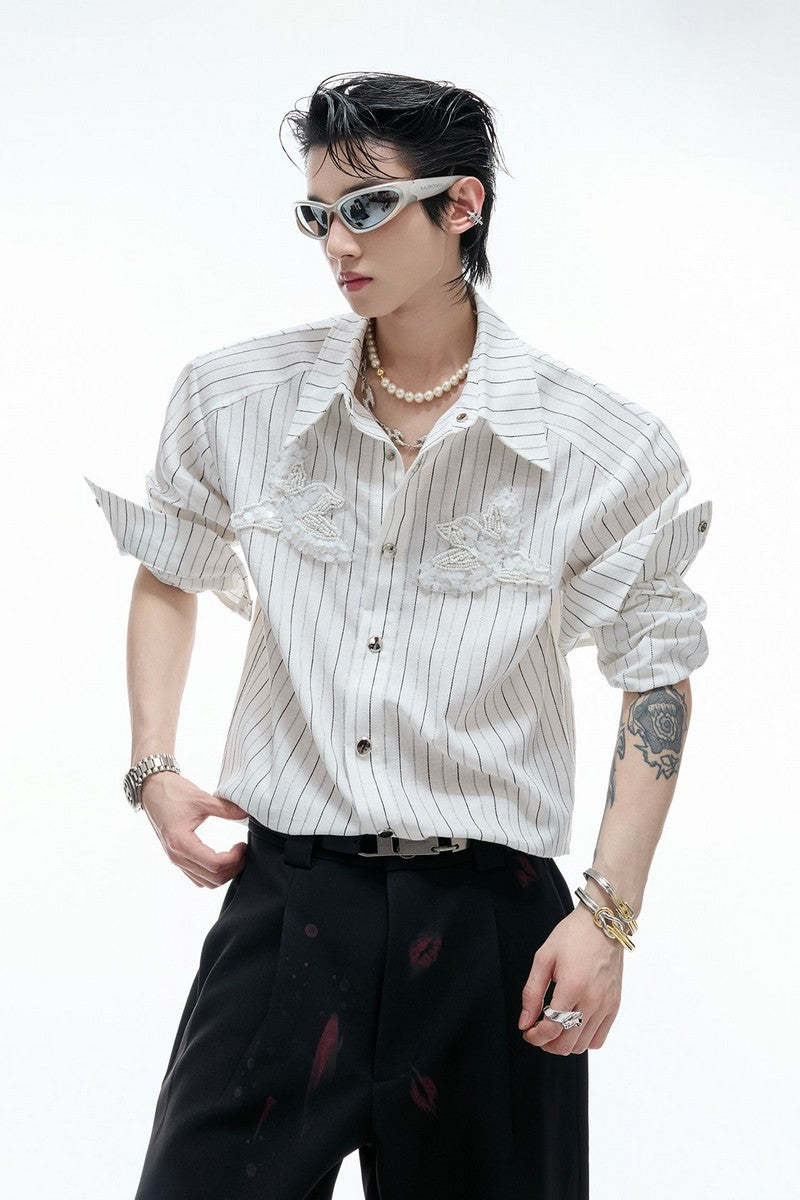 Striped Sequin Embroidered Linen Shirt