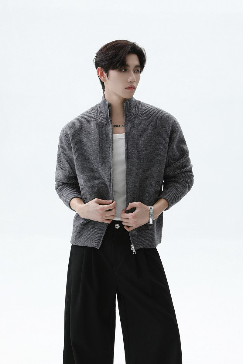 Wool Zip Up Stand Collar Cardigan