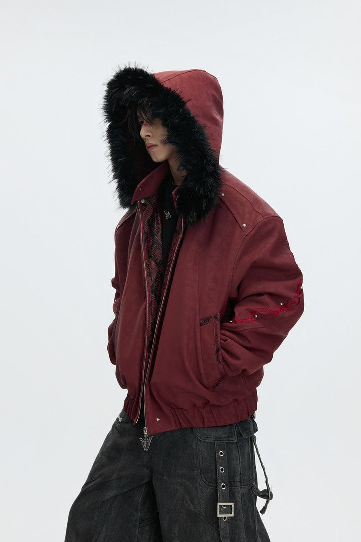 Embroidered Washed Leather Puffer