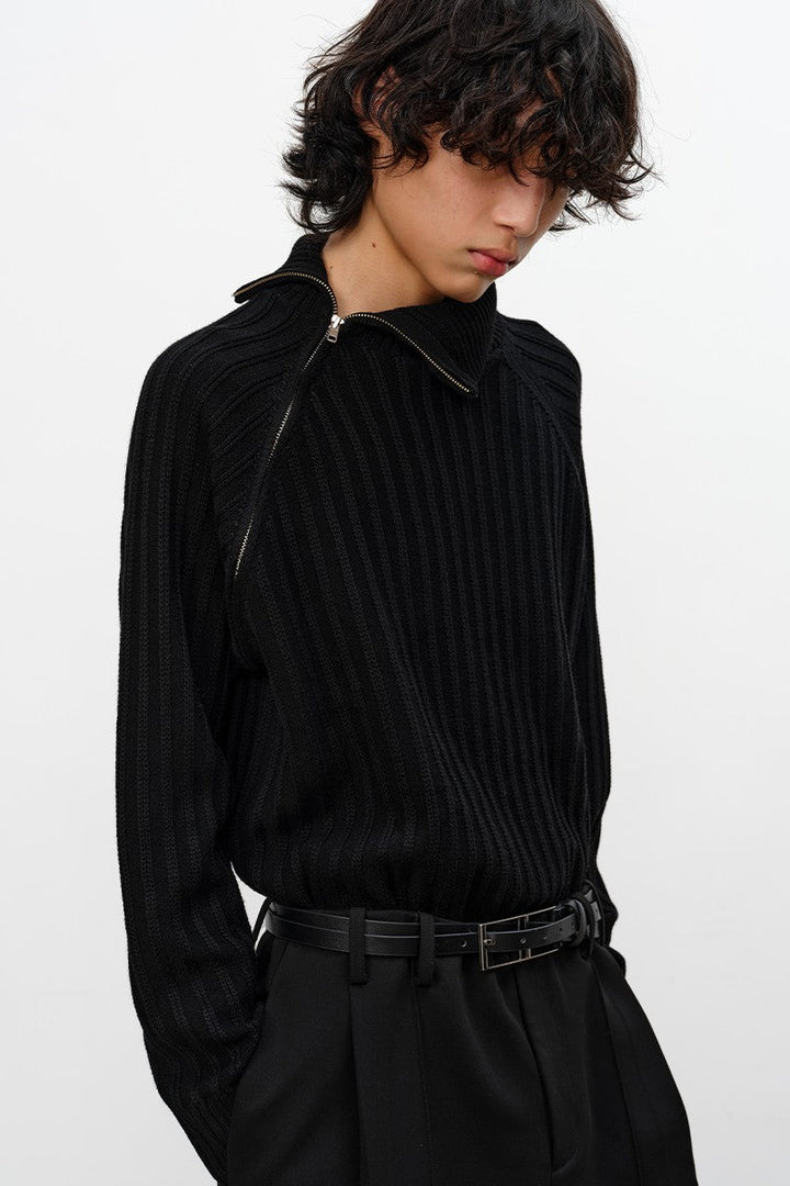Ribbed Zip High Neck Sweater
