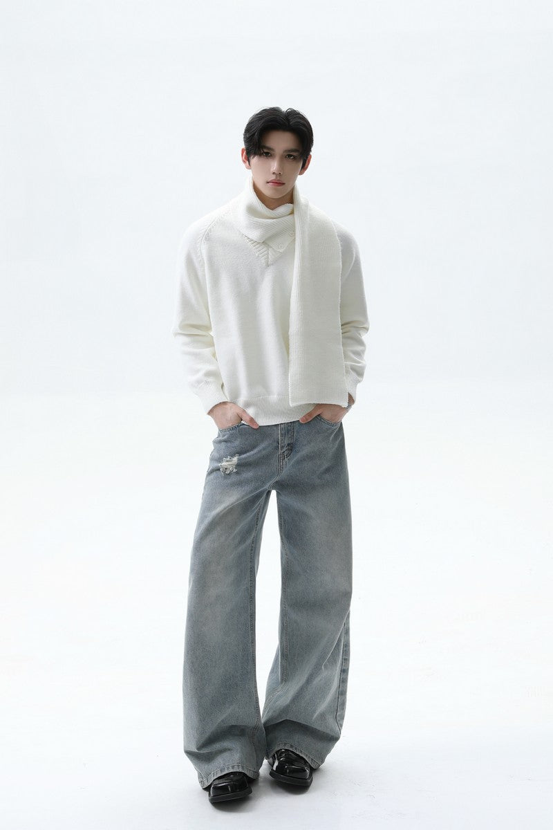 Detachable Scarf V-Neck Sweater