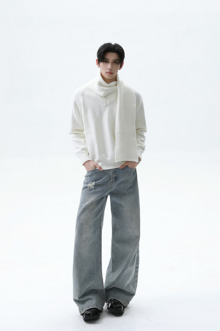 Detachable Scarf V-Neck Sweater