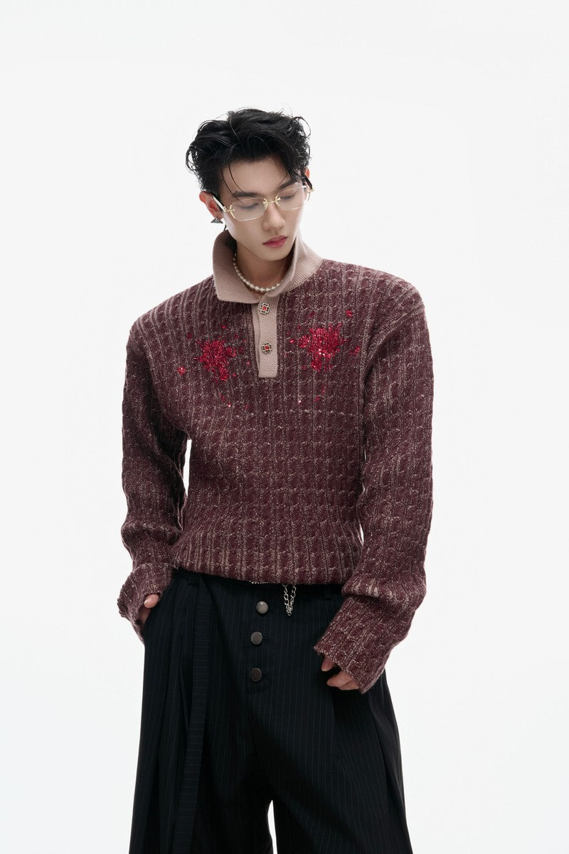 Sequin Collar Fitted Knit Sweater